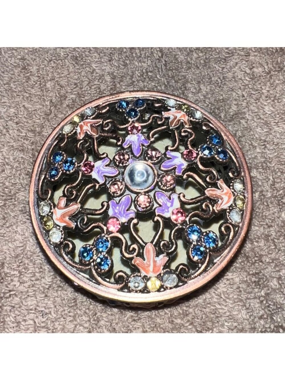 Vintage Jeweled Metal Trinket Box Floral Enamel Design Copper Color pink purple